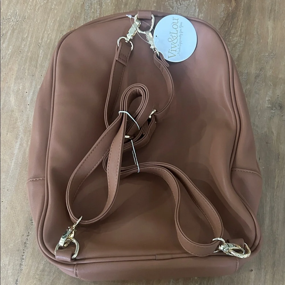Viv&Lou‎ Camel Brown Vegan Leather Backpack Gold Hardware NWT M780L-CAMEL